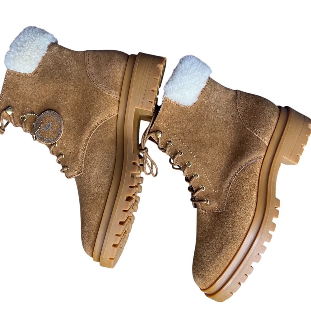 Lauren Ralph Lauren Carlee suede tan combat lace-up 
boots fauxshearling 8.5 New - Picture 5 of 12